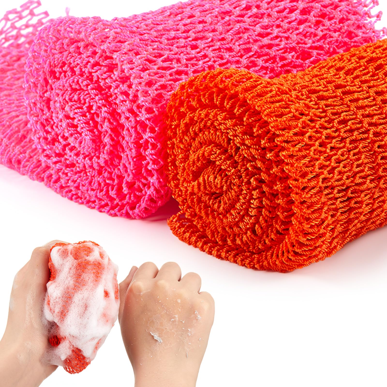 Shappy 2 Pcs African Net Sponge Exfoliating Net African Body Scrubber Bath Rag Washcloth Towel Shower Body Back Scrubber Skin Smoother for Daily Use or Stocking Stuffer (Orange, Pink)