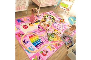 B BENRON Kids Rugs for Playroom Bedroom Classroom Nursery, Non-Slip and Washable Rugs for Children Toddlers Girls, Educational and Fun Rug Carpets with ABC Alphabet Animals Shapes, 3x5, Pink