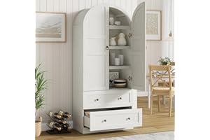 IDEALHOUSE Farmhouse 72" Tall Arched Antique White Pantry Cabinet - Freestanding Wooden Storage Cupboard with Doors, Drawers 