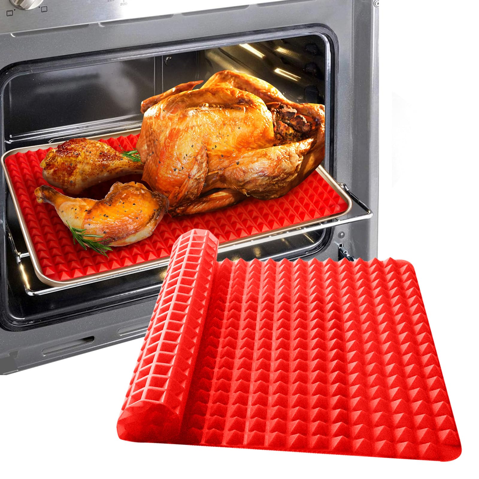 Silicone Pyramid Baking Cooking Mat Diamond Chef Tray Oven Non-Stick Value Pack Red, Reducing Healthy Heat-Resistant for Grilling BBQ 15.1 X 10.6Inch (1 Pack Red Mat)