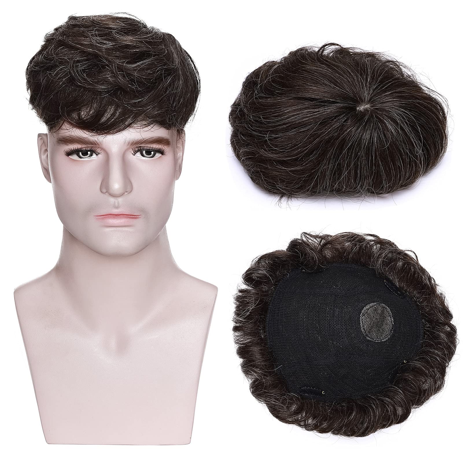 Photo 1 of MY-LADY Toupee for Men Hair Pieces Human Hair Toppers 6.3"x7.5" Hair Replacement System 150% Density Clip in Hairpiece Silky 90% Medium Brown Real Human Hair with 10% Synthetic Gray Hair