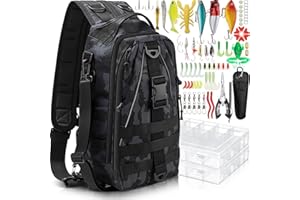 RoundFunny 85 Pcs Fishing Backpack with Tackle Boxes, Tackle Sling Bag with Rod Holder, Fish Lures Kit and Pliers Set, Christmas Fishing Gift for Men Women