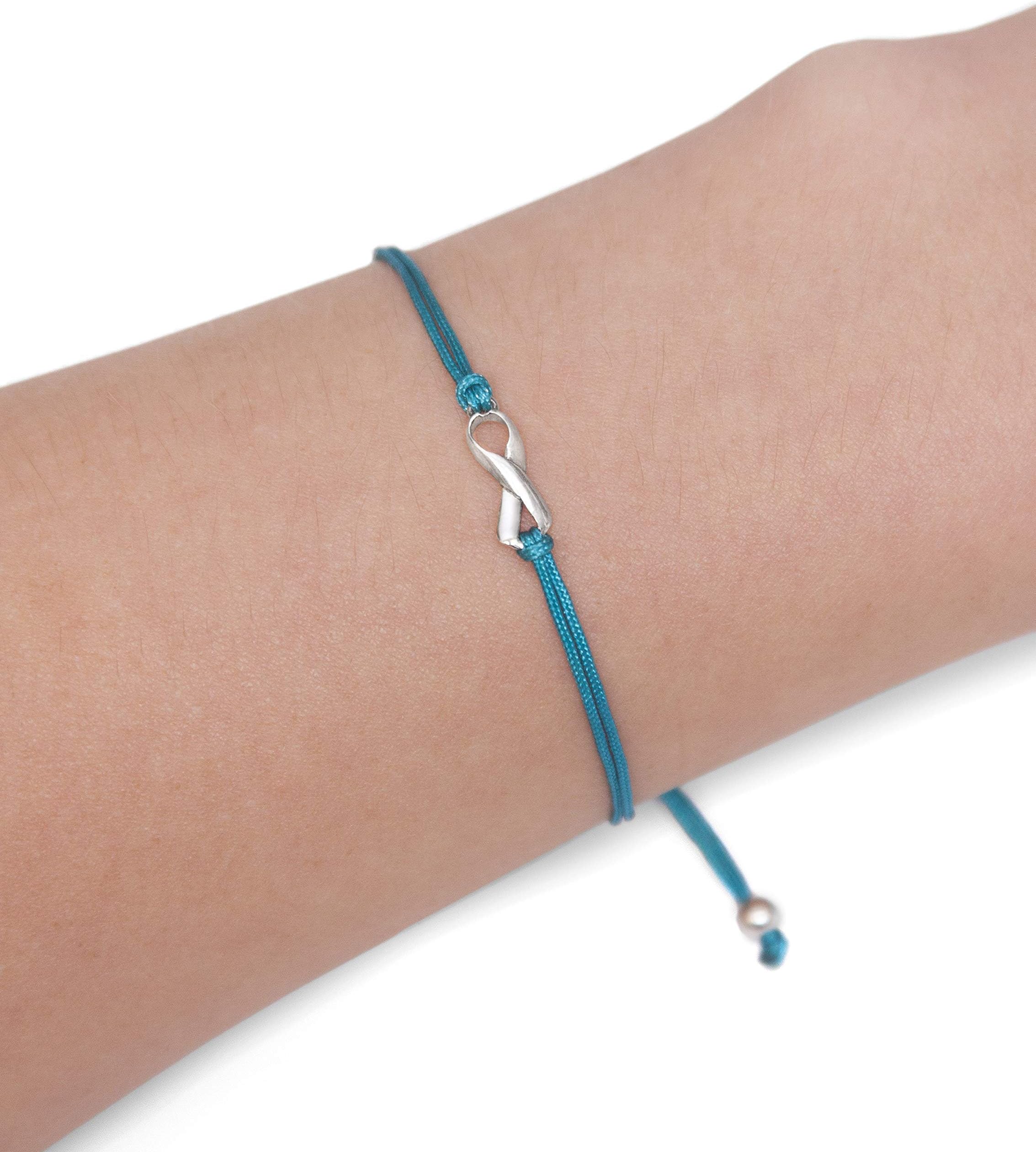 Teal Thread Friendship Support Bracelet, April Sexual Assualt Awareness SAAM, Small Sterling Silver Ribbon Shaped Charm.Aware for Tourette Syndrome, Ovarian Cervical Uterine Cancer, PTSD