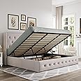 Allewie King Size Lift Up Storage Bed, Button Tufted Headboard with Wingback, Hydraulic Support, No Box Spring Needed, Light Beige