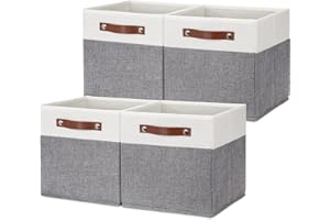HNZIGE Fabric 11x11 Cube Storage Bins, Set of 4, Foldable Storage Cube Bin Baskets for Shelves with Handles, Bins for Cube Organizer Home Toy Nursery Closet(White Gray)