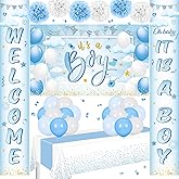 Baby Shower Decorations Banner for Boy Blue Welcome Baby It’s A Boy Banner Backdrop Blue Baby Shower Balloons Tablecloth Paper Pom Poms for Baby Boy Shower Birthday Party Supplies