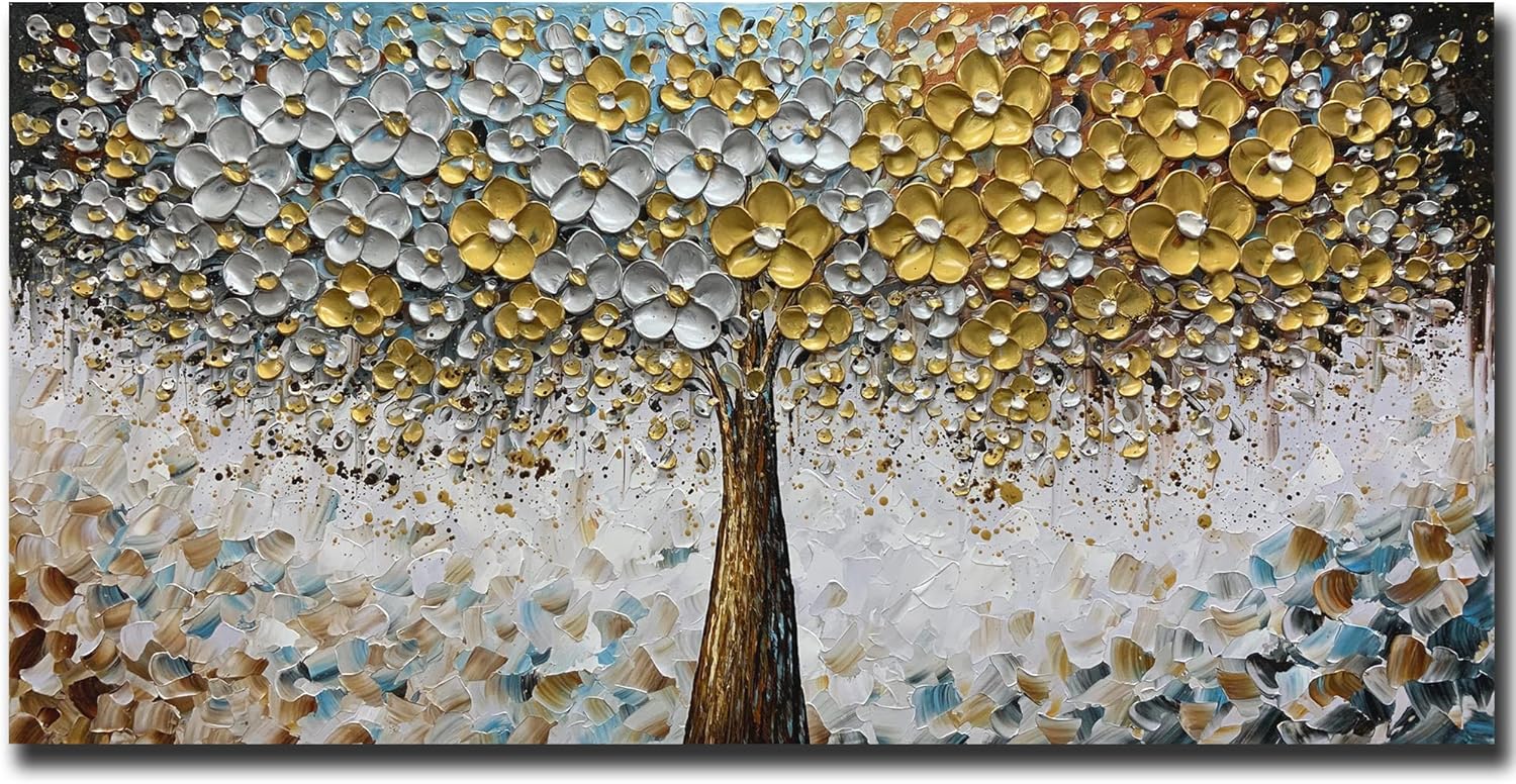 Paintings - ART8YUQI Art - Contemporary Abstract Art Oil Painting On Canvas Texture 3D Silver - Golden Flower painting Handmade Artwork Picture Canvas Wall Art Modern Home Decor living room Ready to Hang 30x60 inch