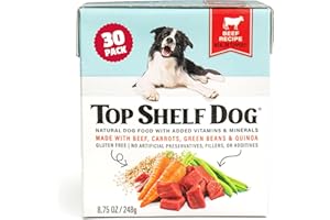 TOP SHELF DOG Fresh Dog Food, All Natural Complete Meal or Kibble Topper, Shelf Stable Premade Wet Recipe with Added Vitamins & Minerals for Picky Eaters Puppies Seniors (Beef, 30 x 8.75oz Cartons)