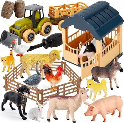 BUYGER Farm Animals Toy Set Truck House Fence for Toddlers 3-5 Years Old Kids