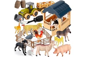 Buyger Farm Animals Figurines Toys Playset, Take Apart Toy Tractor Plastic Animals Figure Toy Barn Fence Playset Gifts for Ages 3 4 5+ Years Olds