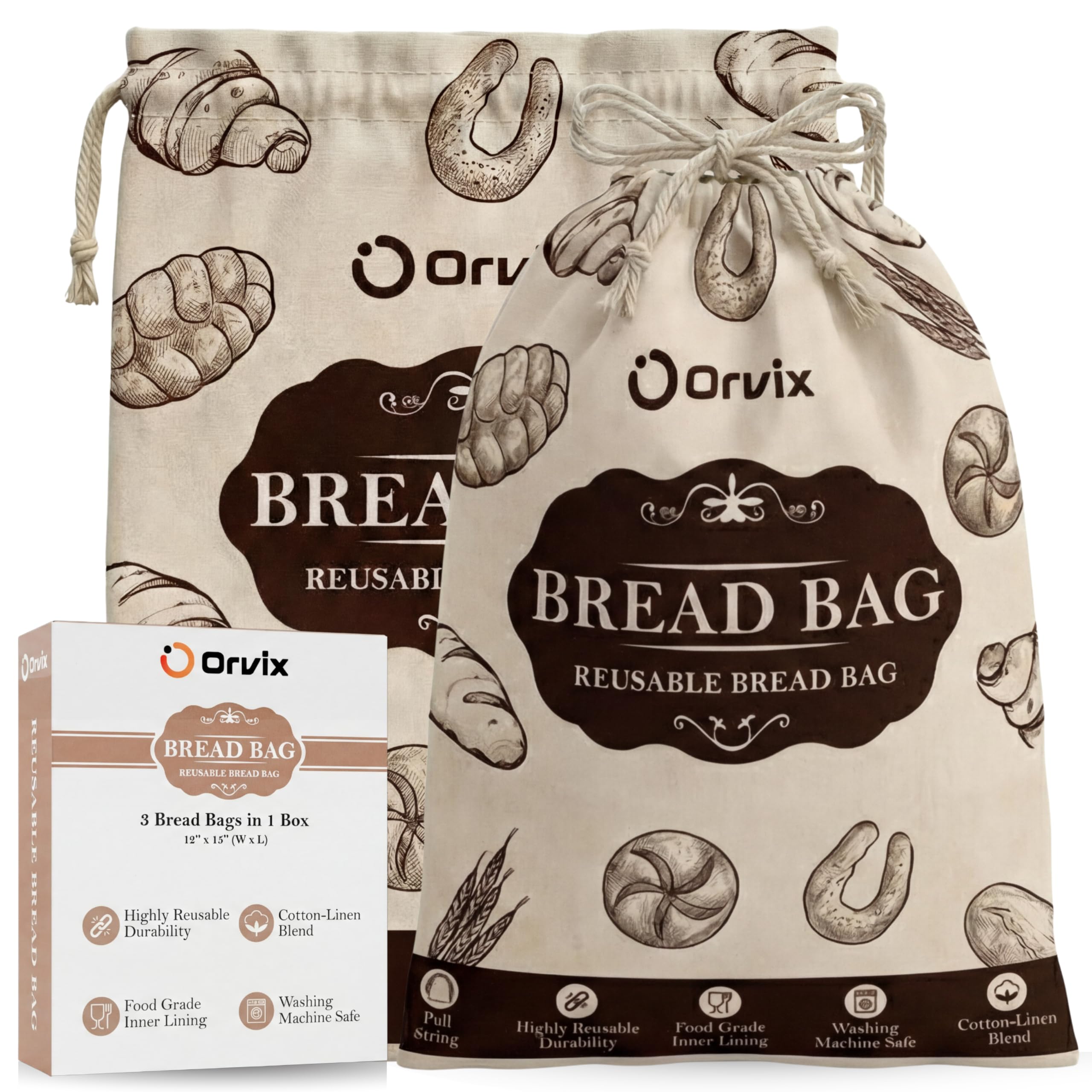 Photo 1 of 3 Pack Linen Bread Bags for Homemade Sourdough with Food-Grade Inner Lining, Linen Storage Pouches for Homemade Loaves, Reusable Sourdough Bag, Baked Goods Packaging, Gift Wraps, 12x15 Inches