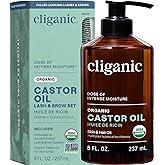 Cliganic Castor Oil Organic Cold Pressed, 100% Pure (8oz with Eyelash Kit) - For Eyelashes, Eyebrows, Hair & Skin | Bulk, Nat