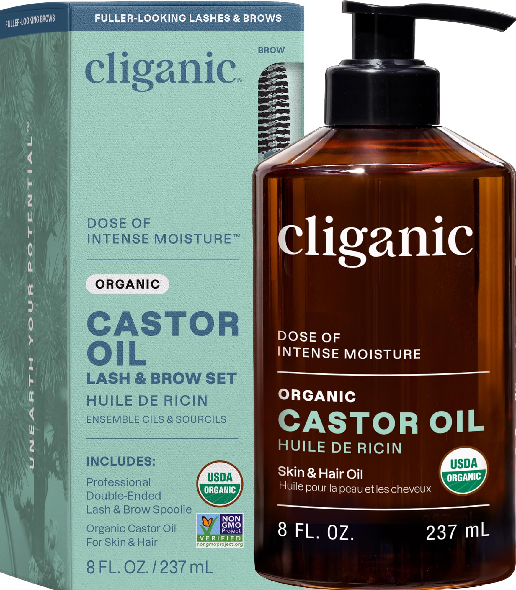 Cliganic Organic Castor Oil, 100% Pure (240ml with Eyelash Kit) - For Hair, Lash, Brows & Skin | Natural Cold Pressed Unrefined Hexane-Free | DIY Carrier Oil | Cliganic 90 Days Warranty