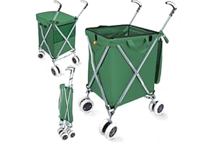 Wellmax WM99100 Series Folding Shopping Cart with Wheels, Grocery Cart with Removable Canvas with Cover, Lightweight Utility Cart for Groceries and Laundry - Holds up to 120 lbs (Green)