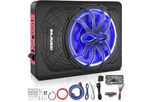 FILTERUP 10" 1200W Slim Under Seat Powered Car Subwoofer Hideaway Subwoofer with Complete Mounting Wire Kit, Car Truck Audio Subwoofer Built in Amplifier Sub Amp Combo, with Blue LED Ambient Light