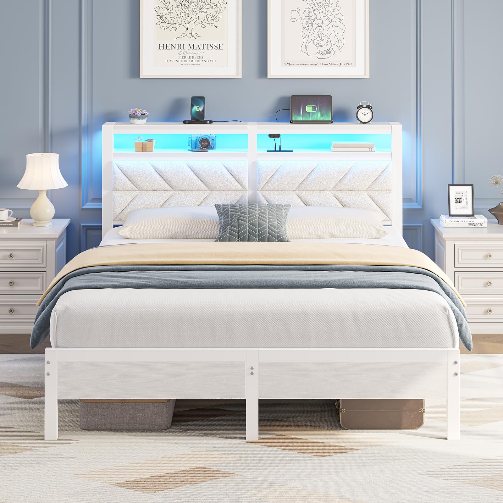 Seventable Bed Frame Full Size with Charging Station, LED Bed with Upholstered Storage Headboard, Metal Platform Bed with Under Bed Storage, No Box Spring Needed, Noise Free, Easy Assembly, White Image