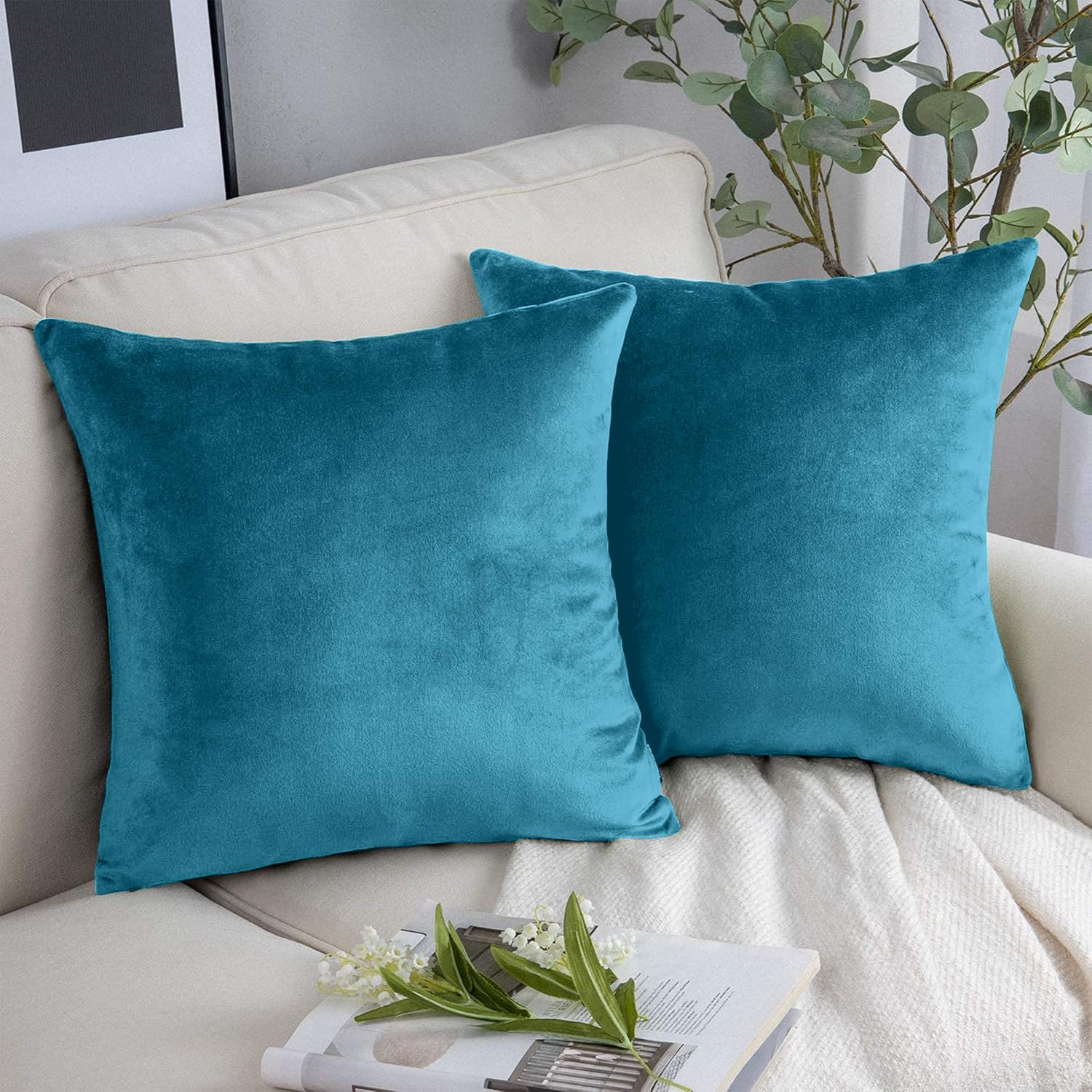Yorkshire Bedding Cushion Covers 45 x 45 (Pack of 2) - Velvet Square Throw Pillow Cases - Decorative Soft Cushion Cover for Sofa Couch Bedroom with Invisible Zipper (Teal, 18 x 18 Inch (Plain)) — image 1