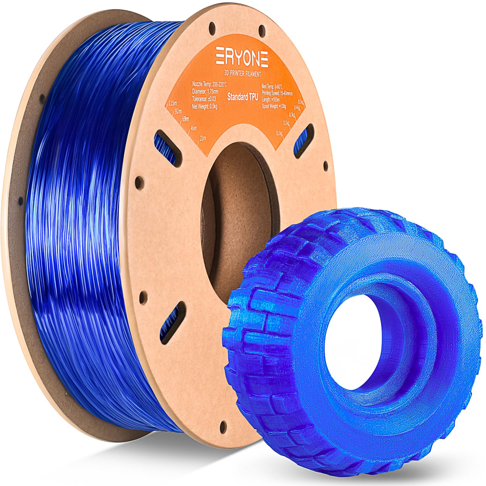 ERYONE TPU Filament 1.75mm, 3D Printer Filament,Flexible 95A TPU, +/-0.03mm, 0.5kg 1 Spool, Transparent Blue