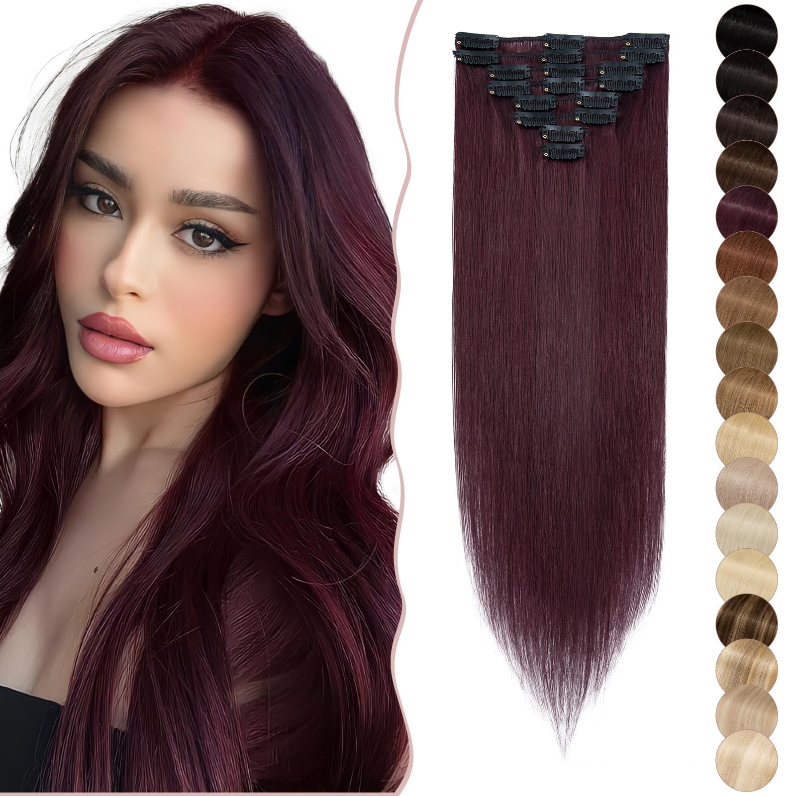 16 inches SEGO Clip in Hair Extensions Real Human Hair [#99J Wine Red] 8 Pieces Remy Hairpieces for Women Straight Natural Silky (65g) — image 1