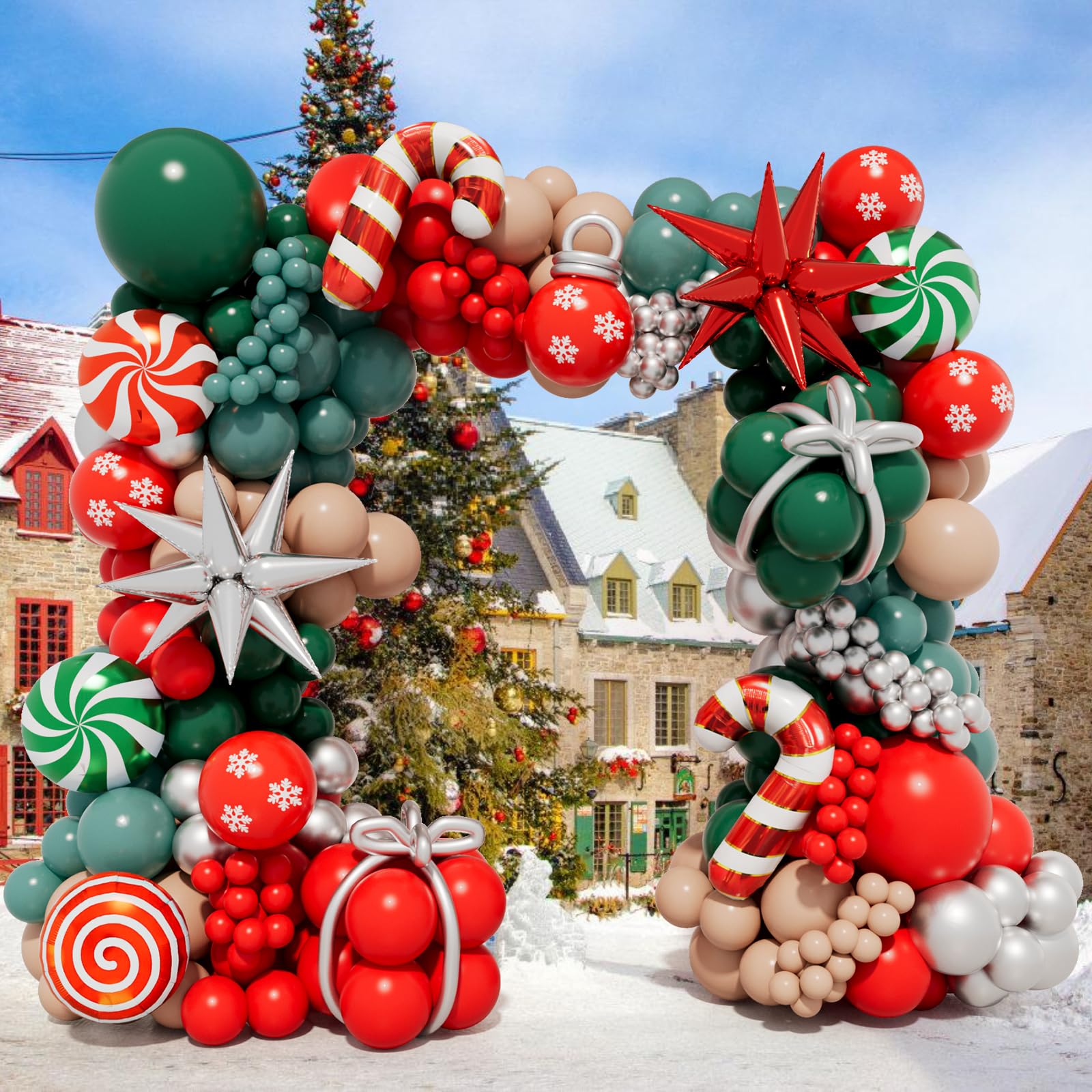 DBKL 182Pc Christmas Garland Arch Kit - Red, Green, Silver, Peach Nude Balloons, Foil & Starburst Balloons for Christmas Party Decorations