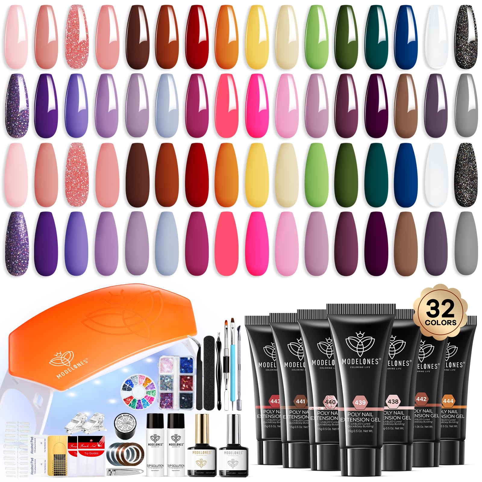 Modelones 133pcs Poly Extension Gel Nail Kit, 32 Colors All Seasons Poly Nail Gel kit with Nail Lamp Slip Solution Builder Nail kits Manicure Tools Nail Forms for Starter Nail Art for Women