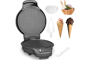 Baker's Friend Waffle Cone Maker Machine with Browning Control, 7.5” Ice Cream Cone Maker, Cone Roller & Bowl Press Included,