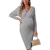 guruixu Wrap V Neck Maternity Sweater Dress Rib Knit Batwing Open Back Slit Pregnancy Dresses for Baby Shower Maternity Photoshoot Outfits Grey