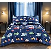 MAG 3Pcs Cartoon Car Comforter Set,Blue Cute Queen Comforter Set,Race Car Bedding,All Season for Toddlers Kids Boys Teens and Girls,Soft Microfiber,Queen Size.