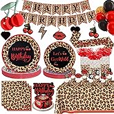Red Cheetah Print Birthday Party Decorations Pack, 25 Guests Y2K Cherry Leopard Print Includes Cardstock Plates Tablecloth Banner Hanging Swirls Balloons Cake Topper for Girls Women Big Mama