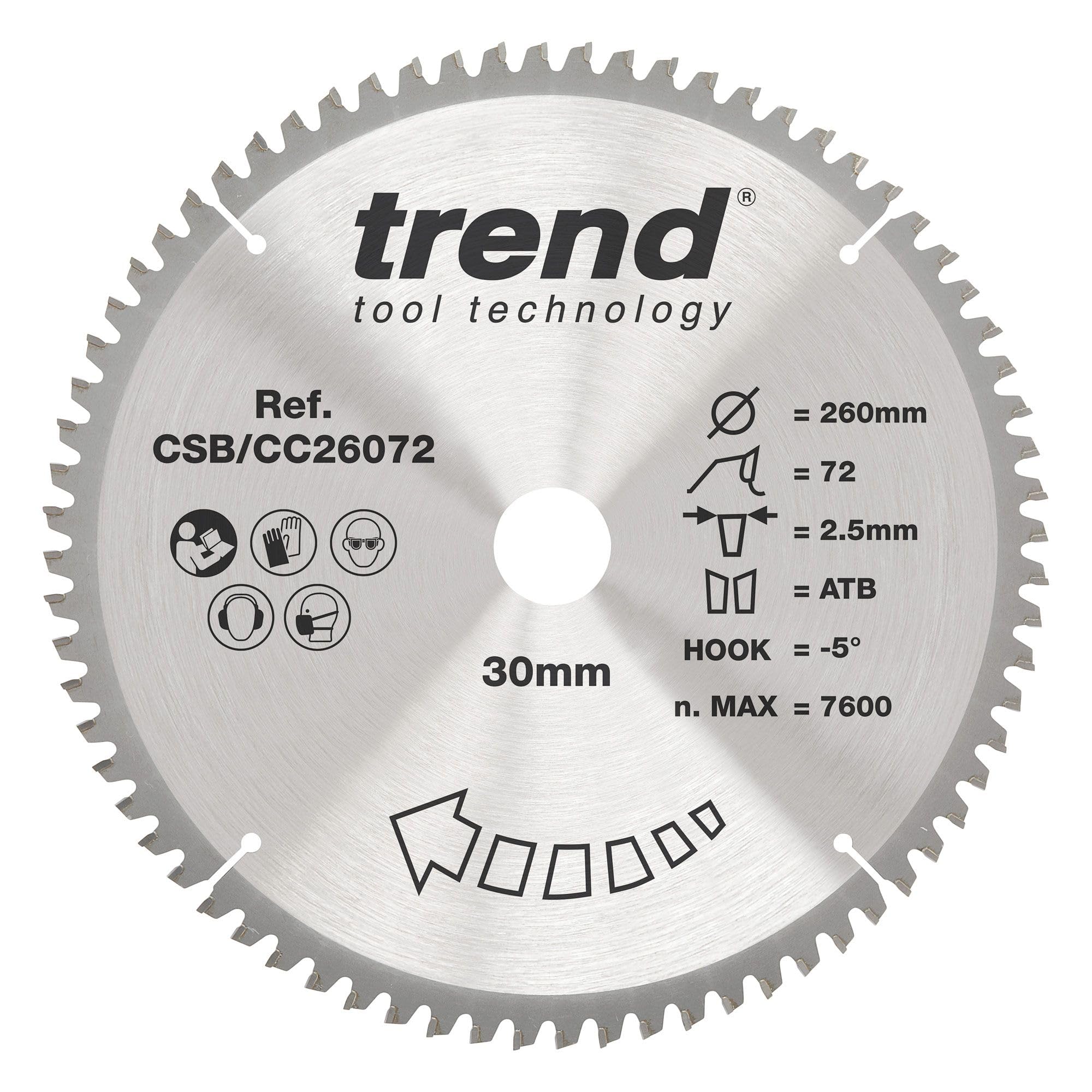Trend Wood Mitre Saw Blade, 260mm Diameter, 30mm Bore, 72 Teeth, 2.5mm Kerf, -5° Hook, TCT, Extra-Fine Finish, CSB/CC26072