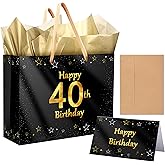 icanstand Black Gold 40th Birthday Gift Bag for Men Women, 13" Large Gold Foil Happy Birthday Bag with Greeting Card, Envelope and Tissue Paper, Gift Bag for Party Decorations Supplies (40th)
