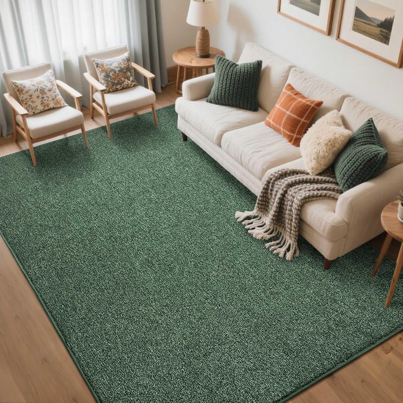 FinRèc 5x7 Washable Area Rugs for Bedroom Living Room, Low Pile Thin Rug Solid Color, Non-Slip Carpet Indoor for Home Decor (Green)