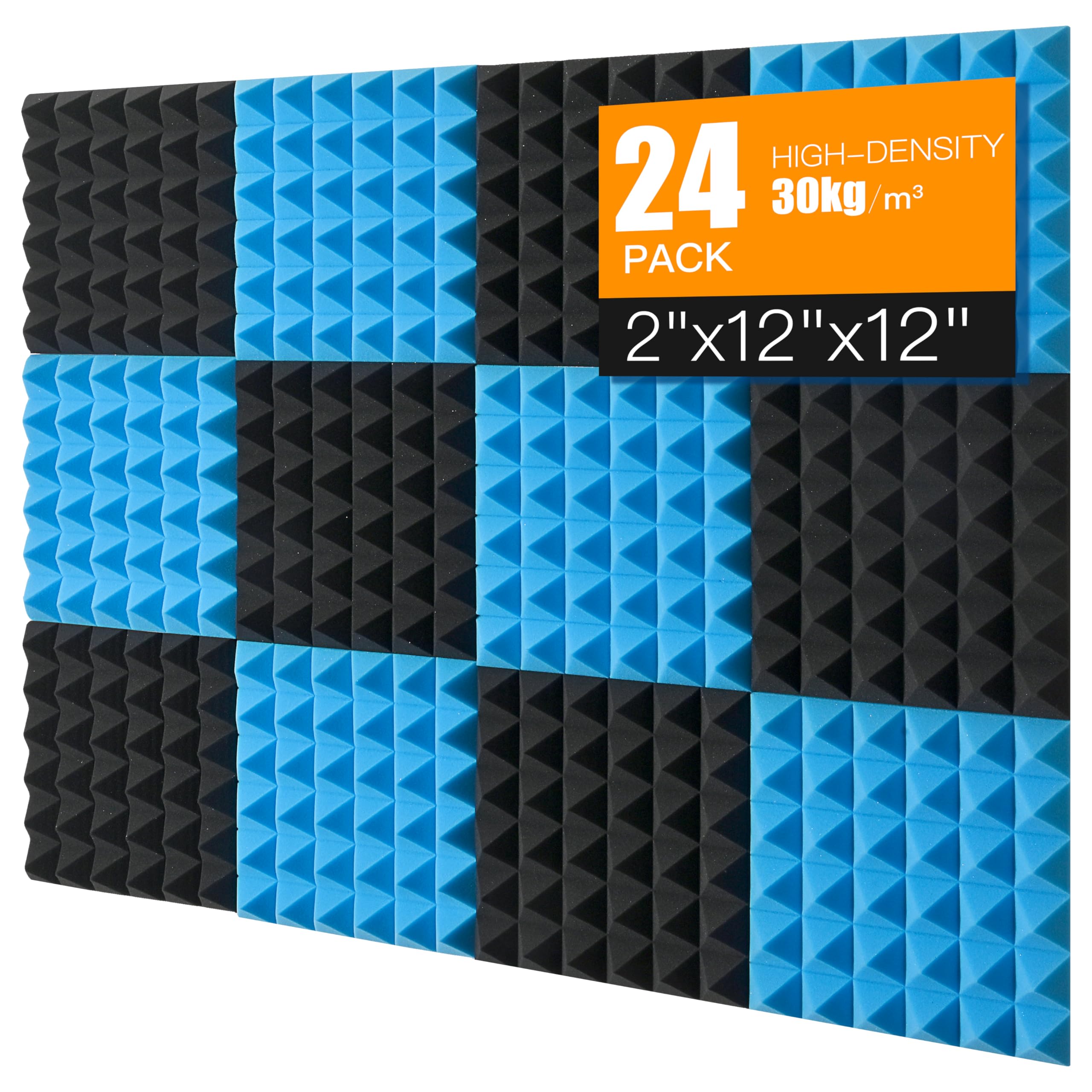 Sound Proof Foam Panels for Wall 24 Pack Acoustic Panels Sound Absorbing 2" X 12" X 12" Fire-Proofed Soundproofing Foam High Density Sound Dampening Panels for Room Studio Pyramid Blue Black