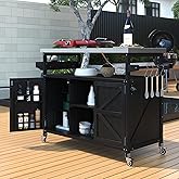 Siemd Outdoor Kitchen Island with Rolling and Storage Cabinet, Solid Wood Outdoor Grill Table with Stainless Steel Top & Spic