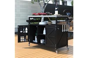 Merax Outdoor Kitchen Island, Rolling Bar Cart & Storage Cabinet, Farmhouse Solid Wood Outdoor Grill Table with Stainless Ste