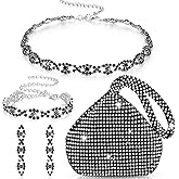 MTLEE 4 Pieces Rhinestone Necklace Choker Bracelet Earring Clutch Purses Jewelry Set Women Crystal Triangle Bling Diamond Purse Rhinestone Bag for Wedding Party