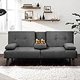 JAMFLY Futon Couch Sofa Bed Convertible, Small Sleeper Sofa Chair Loveseat with Cup Holder for Small Spaces, Living Room, Bedroom, Gameroom, Apartment, Dorm (Dark Gray)