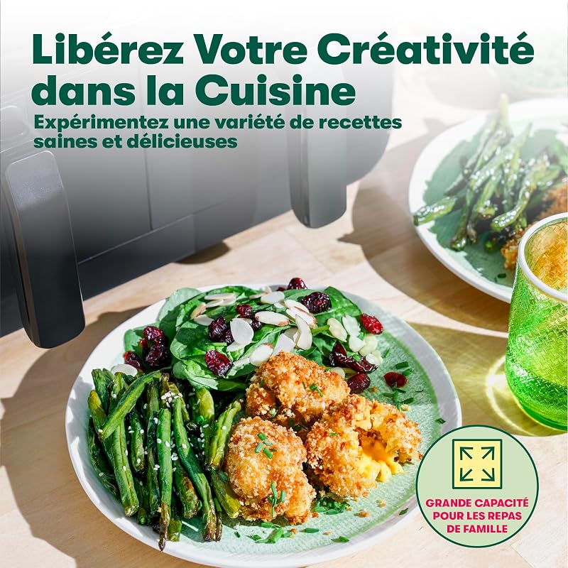 Friteuse à air à panier double 8.0 QT, Multifonction 5-en-1 avec Plateau et Panier Antiadhésifs Amovibles et Lavables au Lave-vaisselle, 2850 Watts, Noir Mat