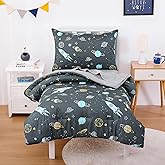 Wake In Cloud - Toddler Bedding Set for Boys, Space Rocket Planet Star, 4 Pieces Soft Crib Bed Set Including Comforter, Sheets and Pillowcase, Gray