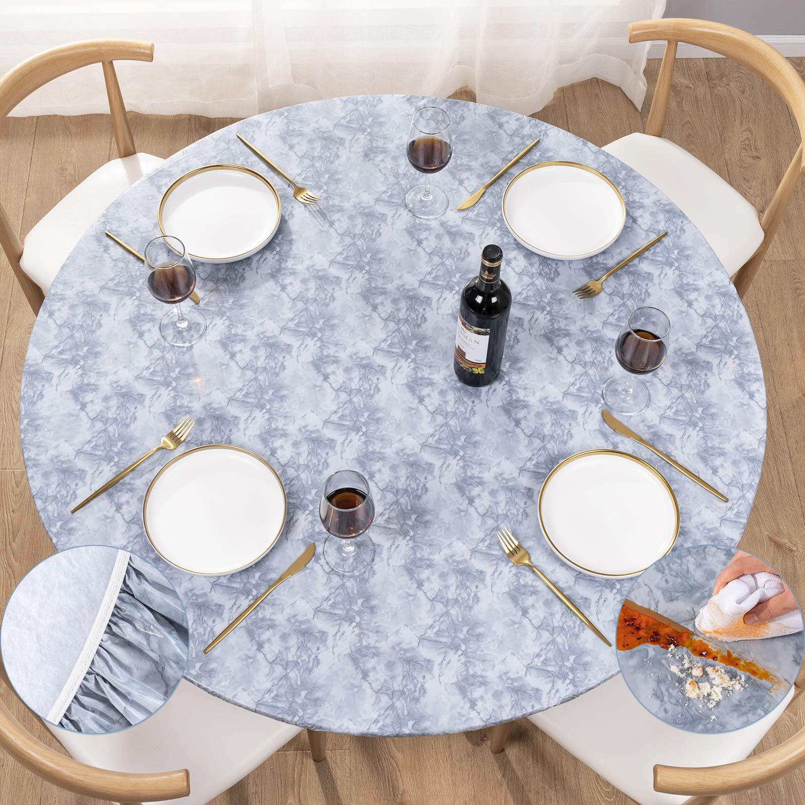 UMINEUX Round Fitted Vinyl Tablecloth with Elastic Edged & Flannel Backing, Waterproof Wipeable Round Table Cover for Indoor Outdoor Patio Use - Fits Tables up to 45" - 56" Diameter(Grey Marble) — image 1