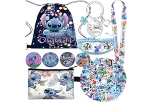 EMISOO Stitch Merchandise Stuff Gift Set, Stitch Anime Drawstring Bag, Keychain, Keychain Lanyard, Purse, Bracelets, Sticker, Button Pins (Black A)