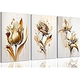 3Pcs Golden Rose Flower Canvas Wall Art Golden Floral Picture Wall Decor Modern Elegant Plant Poster Print for Living Room Bedroom Bathroom Office Artwork Home Decoration