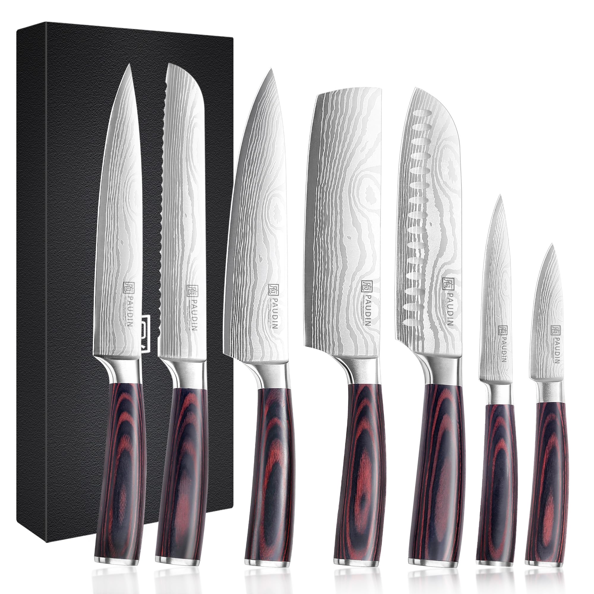 PAUDIN Chef Knife Set, 7 Pieces Kitchen Knife Set, High Carbon Stainless Steel, Ultra Sharp Knife Set, Professional Knives Set for Kitchen with Pakkawood Handle Image