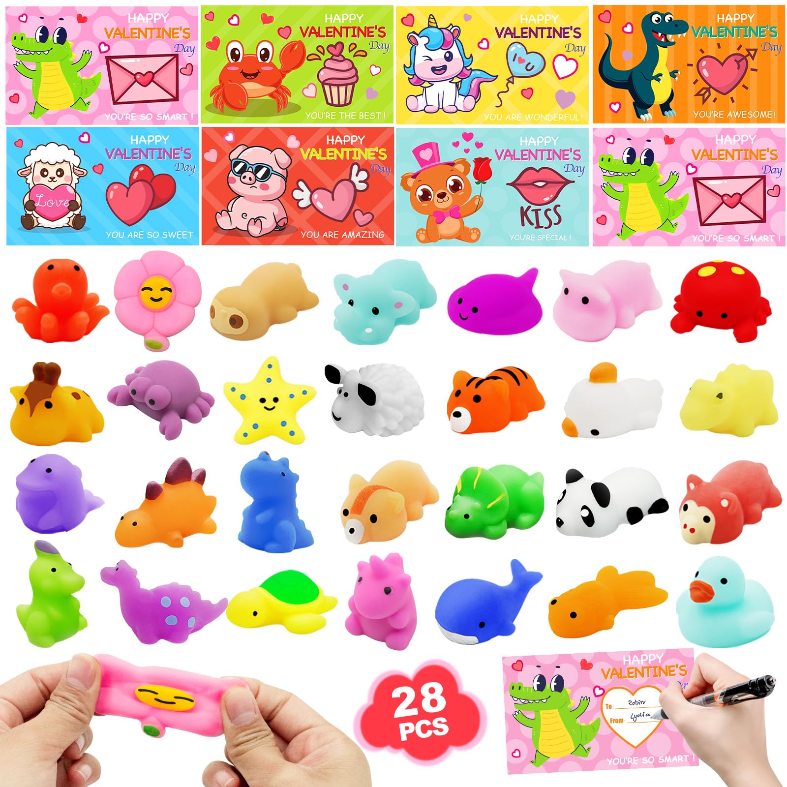 ZICZLI 28 Packs Valentine Mochi Squishy Toys with Cards Animal Squishies for Kids Valentines Day Gift Exchange Boys and Girls Classroom Prizes Valentine Party Favors Supplies