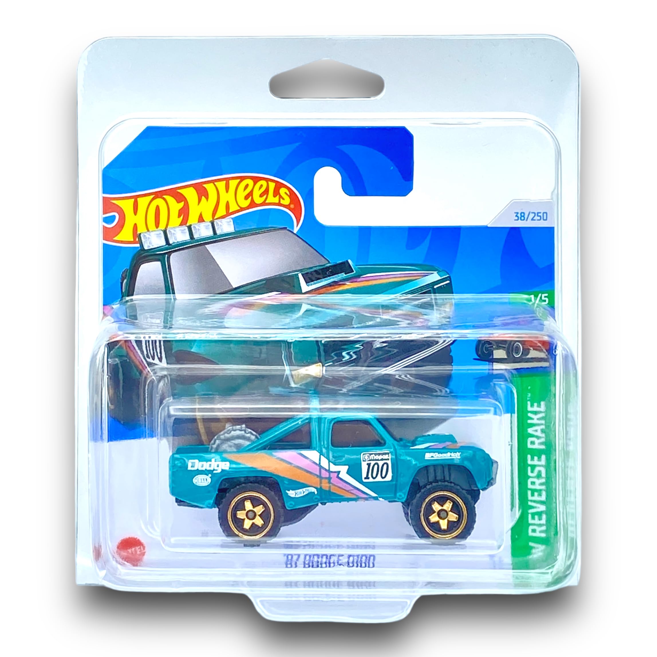 Hot Wheels '87 Dodge D100 (Green) 1/5 HW Reverse Rake - 2024-38/250 (Short Card) - COMES IN A KLAS CAR KEEPER SHORT CARD PROTECTOR CASE - HTB89