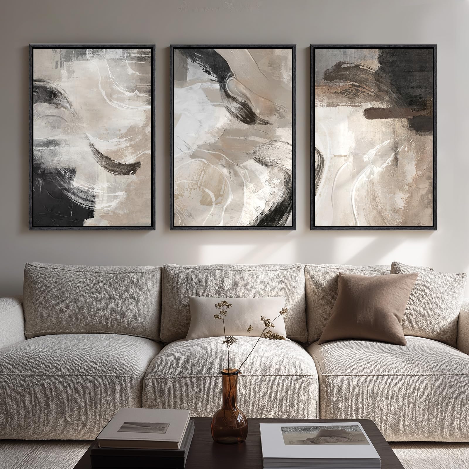 Large Framed Neutral Abstract Wall Art for Living Room, 3 Piece Modern ...