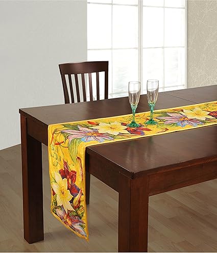 ShalinIndia Digitally Printed Yellow Floral Reversible Table Runner - 13 x 72 - Faux Silk Polyester - Made in India by ShalinIndia