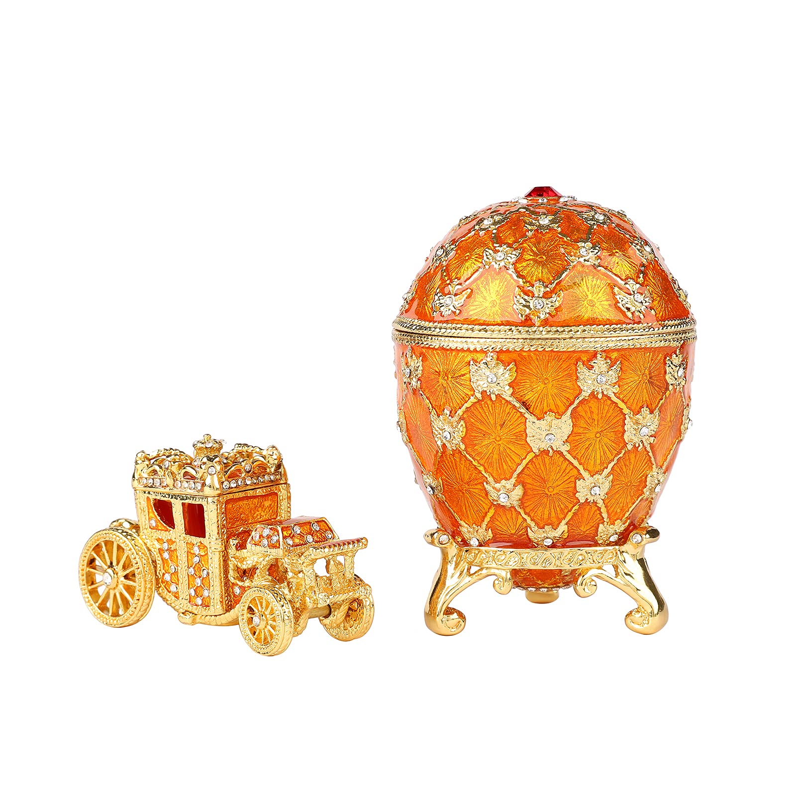 QIFU Vintage Yellow Easter Egg Style Jewelry Trinket Box with Mini Royal Carriage, Unique Gift for Easter Collection