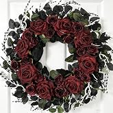 Egolot 22 Inch Fall Halloween Black Red Roses Wreath for Front Door | Halloween Roses Wreath with Black Leaves and Black Crow Wreath with Red Roses for Halloween Gothic Wreaths Indoor Outdoor