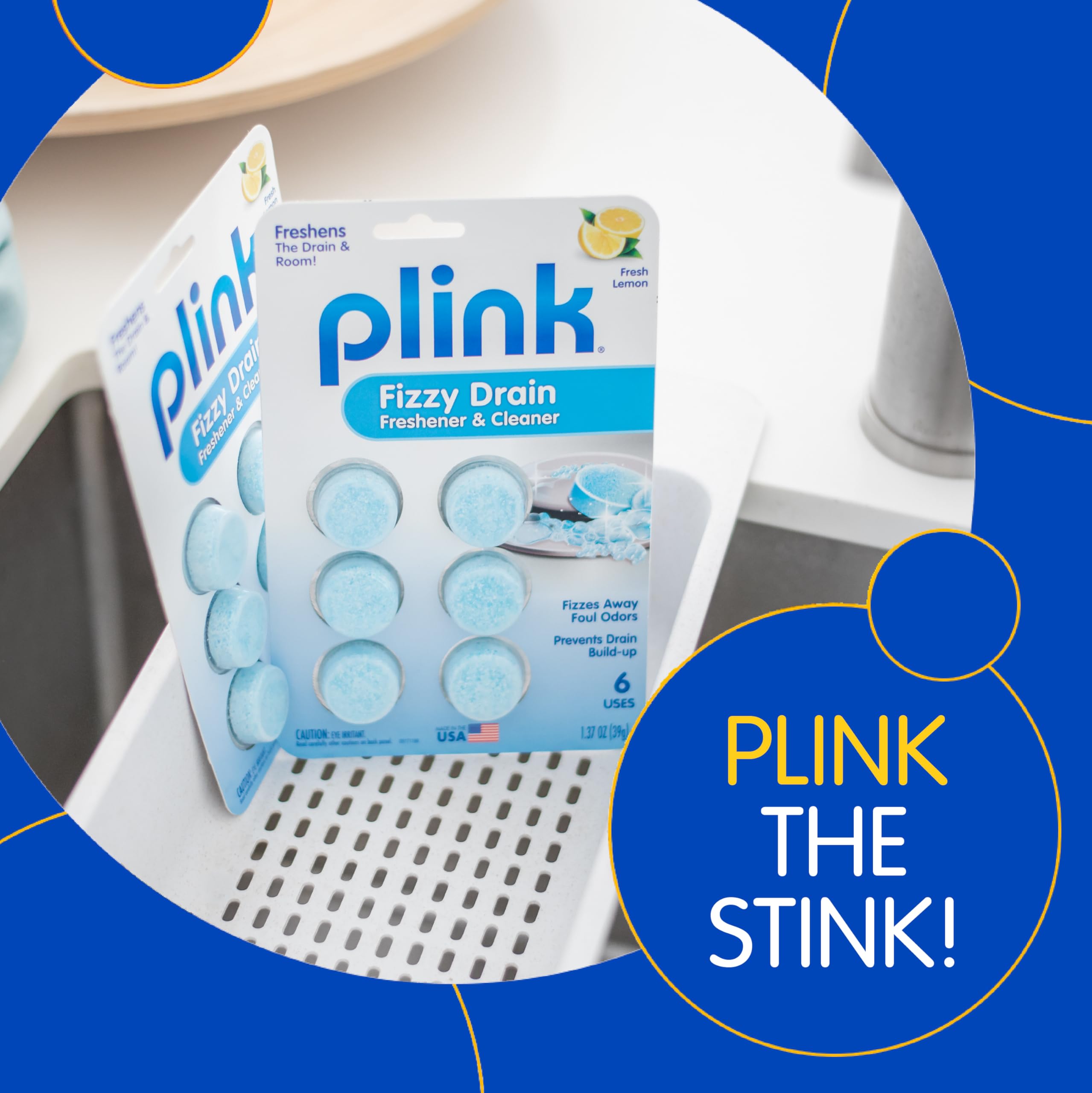 Plink Fizzy Drain Freshener and Cleaner, Prevents Clogs and Removes Odors in Household Sinks, Lemon Scent, 6-Pack